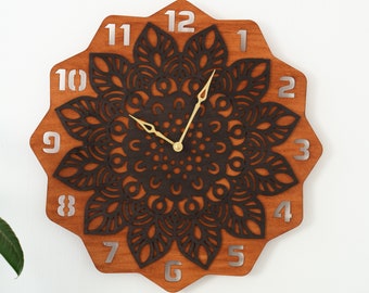 Trämandalaklocka, Mandala-väggklocka, Blommig väggklocka, Yoga-väggklocka, Unik väggklocka i överdimensionerad stil, Boho-väggklocka i trä