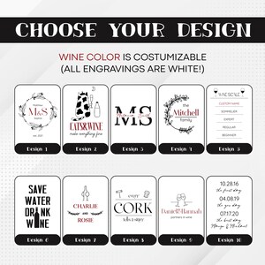May include: Ten different designs for wine bottle labels. The designs include a cat and wine bottle, a couple's initials, a wine scale, a cork, and a couple's names. The text on the labels is in black and white.