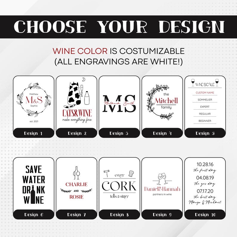 May include: Ten different designs for wine bottle labels. The designs include a cat and wine bottle, a couple's initials, a wine scale, a cork, and a couple's names. The text on the labels is in black and white.