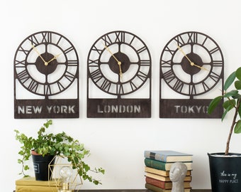 Reloj de ciudades de nombre, madera de reloj de ciudad personalizada, reloj de pared de la ciudad, reloj de pared de números romanos, reloj de zona horaria, reloj de la ciudad, pared del reloj mundial