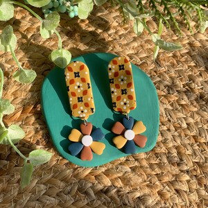Orange Tiled Multicolor Flower Drops | Clay Earrings | Handmade | Tile Earrings | Flower Earrings | Unique Jewelry | Trendy |