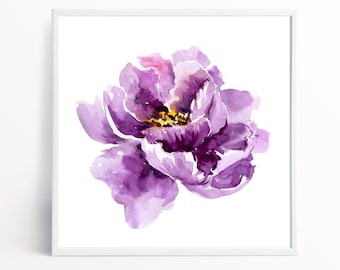 May include: A watercolor painting of a single purple flower with a yellow center. The flower is painted in a loose, impressionistic style.
