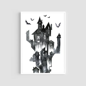 Halloween creepy decor, Watercolor printable wall art, Dark castle with bats, halloween poster, vintage halloween print, digital download