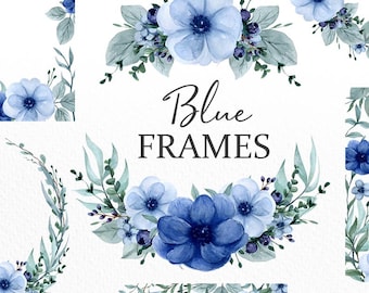 Marcos de acuarela azules, imágenes prediseñadas de flores, borde floral, corona de flores de anémona, imágenes prediseñadas de boda botánica, uso comercial, descarga digital