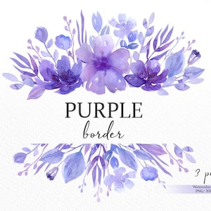 Marco de flores púrpura png, borde floral lila png, ramo de flores de acuarela, clipart botánico de flores silvestres, clipart de boda, descarga digital
