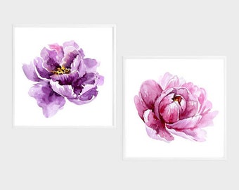 2 piece wall art with watercolor peonys flowers, Set of 2 wall art, Pink and purple printable wall art, living room decor, digital download