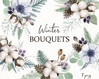 May include: Watercolor illustration of winter bouquets featuring white cotton, pine cones, and blue anemone flowers. The bouquets are arranged with green and blue-green foliage. The text "Winter BOUQUETS" is displayed in elegant script.