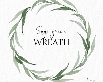 Corona verde salvia en acuarela, marco de hojas verdes botánicas, círculo de vegetación, PNG (descarga digital)