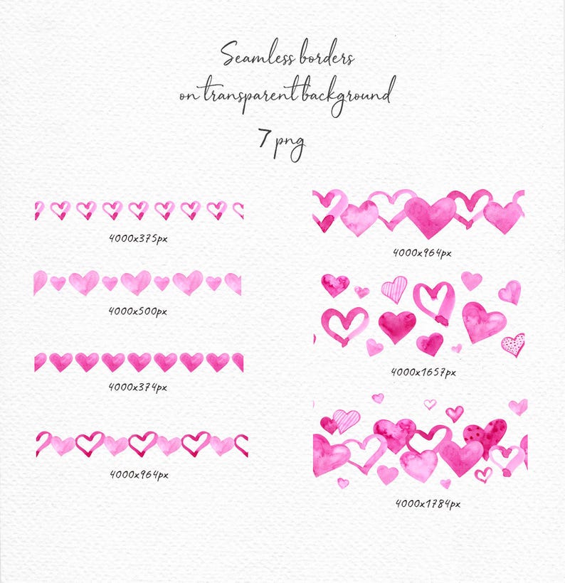Watercolor Heart Borders Clipart, Seamless Valentine Border 7 PNG, Hand ...