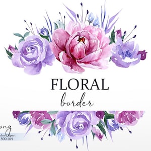Clipart cornice floreale viola, Clipart bordo fiore, Bordo floreale, Bouquet acquerello, Clipart matrimonio, Uso commerciale PNG, download digitale
