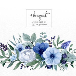 May include: A watercolor painting of a blue and white flower bouquet. The bouquet is made up of various flowers, including anemones, hydrangeas, and eucalyptus leaves. The flowers are painted in shades of blue, white, and green.