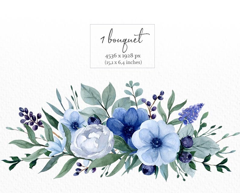 May include: A watercolor painting of a blue and white flower bouquet. The bouquet is made up of various flowers, including anemones, hydrangeas, and eucalyptus leaves. The flowers are painted in shades of blue, white, and green.