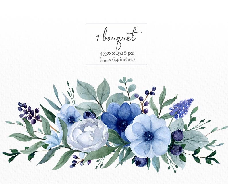 Blue flowers clipart watercolor floral bouquet png greenery | Etsy