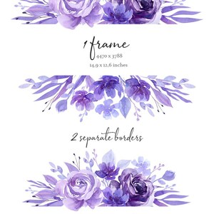 May include: Watercolor floral frame and borders in shades of purple and lavender. The frame is 14.9 x 12.6 inches and the borders are 14.9 x 12.6 inches.