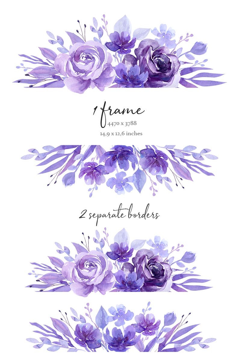 May include: Watercolor floral frame and borders in shades of purple and lavender. The frame is 14.9 x 12.6 inches and the borders are 14.9 x 12.6 inches.