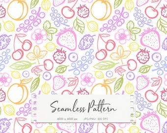 Patrón sin costuras de frutas en tonos pastel, estampado para tela infantil, lindo papel digital de fresas y cerezas, fondo de garabatos de bayas, JPG, PNG