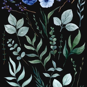 May include: A set of 37 watercolor illustrations featuring blue and green foliage, flowers, and berries. The illustrations are perfect for creating invitations, cards, and other paper crafts.
