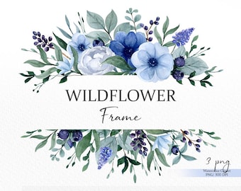 Clipart de marco de flores silvestres azules, ramo floral de acuarela (descarga digital)