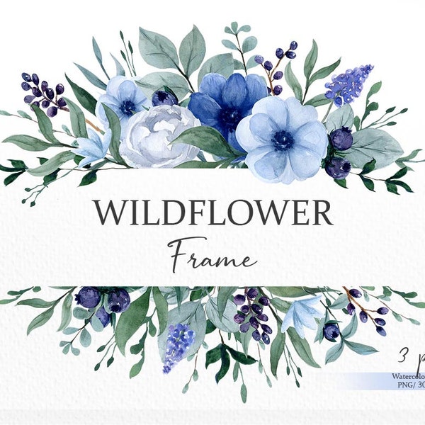 Blue floral flower frame clipart, Wildflower border png, Watercolor greenery bouquet, Dusty blue wedding botanical clipart, digital download