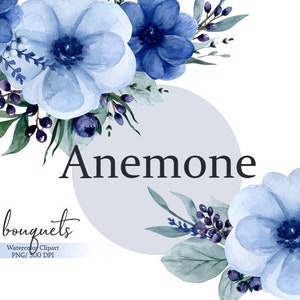 Watercolor clipart with blue anemone, Botanical bouquets, Blue flowers, Floral digital clipart, Wedding clipart, Free Commercial Use, PNG