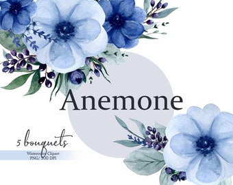 Clipart de acuarela con anémona azul, ramos botánicos, flores azules, clipart floral digital, clipart de boda, uso comercial gratuito, PNG
