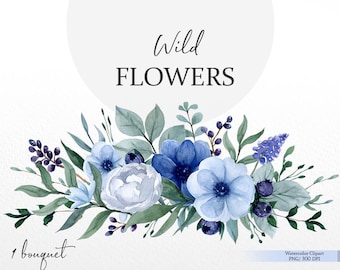 Blue flowers clipart, watercolor floral bouquet png, greenery clipart, wildflowers arrangement, dusty blue wedding clipart, digital download