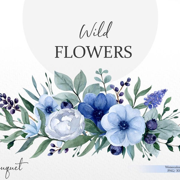 Blue flowers clipart, watercolor floral bouquet png, greenery clipart, wildflowers arrangement, dusty blue wedding clipart, digital download