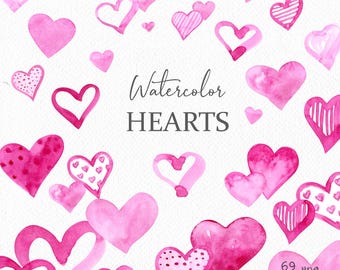 Watercolor Pink Heart Clipart PNG, Hand Painted Hearts, Valentine Love Clipart (Digital download)