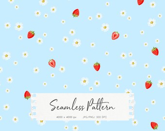 Strawberry Floral Seamless Pattern fo Fabric, Cute Berry and White Flower Print, Soft Blue Baby Background, Digital Paper