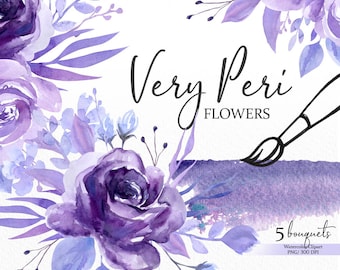 Purple Watercolor Flower Clipart, Very Peri Bouquets (Digital Download)