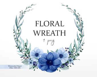 Marco floral, corona floral con flores azules, boda, marco de acuarela, sublimación, descarga digital