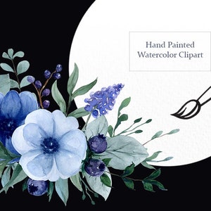 May include: Watercolor clipart featuring blue and green flowers, leaves, and berries. The image is labeled "Hand Painted Watercolor Clipart".