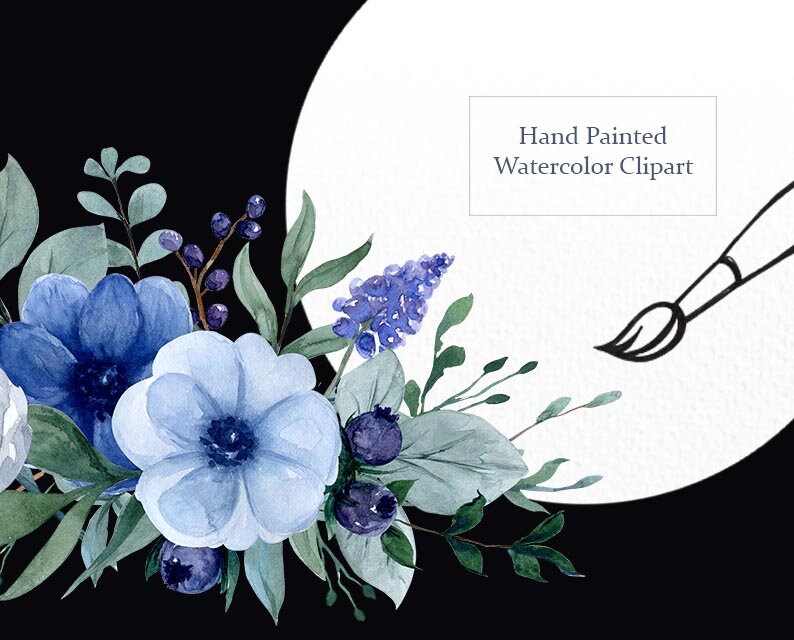 May include: Watercolor clipart featuring blue and green flowers, leaves, and berries. The image is labeled "Hand Painted Watercolor Clipart".