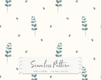 Patrón sin costuras de eucalipto en acuarela, fondo botánico minimalista, estampado de tela con vegetación (JPG, PNG) (descarga digital)