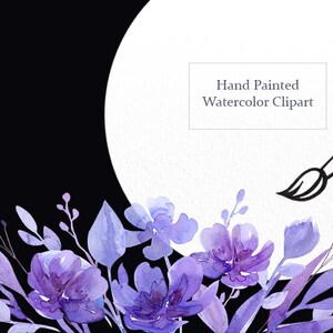May include: Watercolor clipart featuring a cluster of purple flowers with green leaves against a black background. The text "Hand Painted Watercolor Clipart" is visible in a white box.