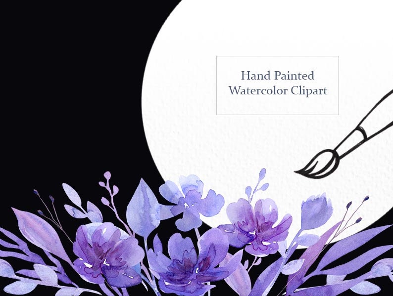 May include: Watercolor clipart featuring a cluster of purple flowers with green leaves against a black background. The text "Hand Painted Watercolor Clipart" is visible in a white box.