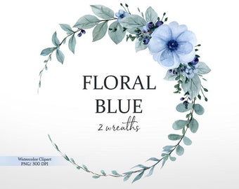 Watercolor Blue Floral Wreath Clipart, Wedding Frames (Digital Download)