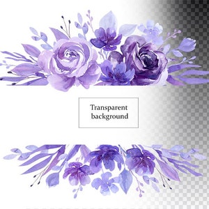 May include: Purple watercolor floral arrangement with two large roses and smaller flowers. The flowers are arranged in a symmetrical design with a white background. The text "Transparent background" is written in a black rectangle in the center of the image.
