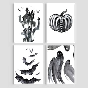Wall art set of 4 prints, Halloween printable wall art, Halloween decor 11x14, black and white art, living room wall art, digital download