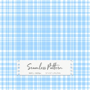 May include: A seamless pattern in a light blue and white plaid design. The image includes the text "Seamless Pattern" in a cursive font, along with the dimensions 3600 x 3600px and 12"x12"/JPG/PNG.