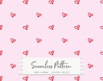 Patrón de corazón rosa sin costuras, corazones rojos de acuarela sobre fondo rosa pastel, papel digital de San Valentín, JPG, PNG (descarga digital)