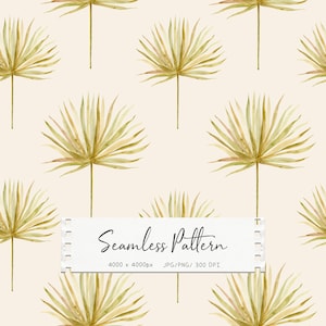 Boho Watercolor Palm Leaf Seamless Pattern, Neutral Botanical Background JPG, PNG (Digital download)
