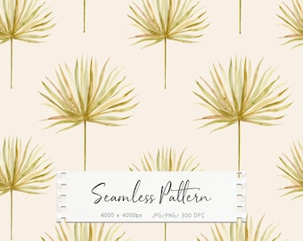 Patrón sin costuras de hojas de palma de acuarela bohemia, fondo botánico neutro (JPG, PNG) (descarga digital)