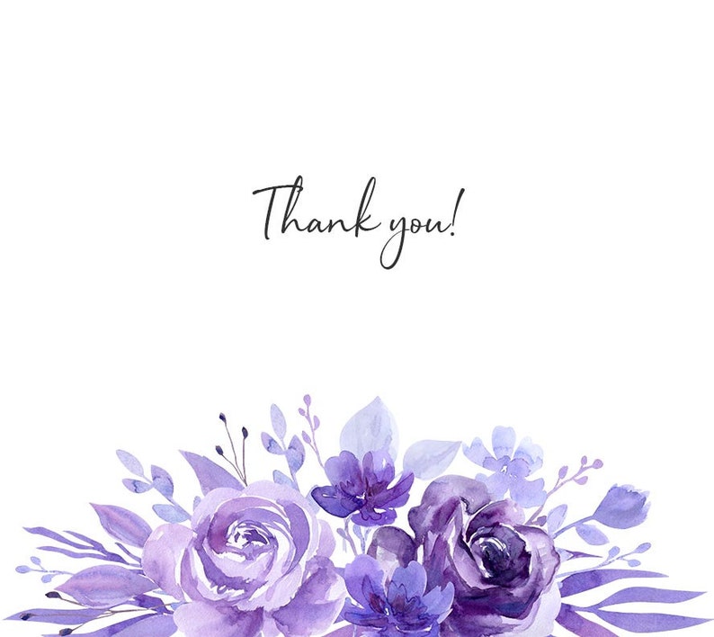 May include: A thank you card with a watercolor illustration of a bouquet of purple flowers. The flowers are arranged in a cluster at the bottom of the card.