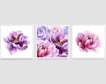 May include: Three framed watercolor paintings of purple and pink peonies. The paintings are in white frames and are arranged in a row.