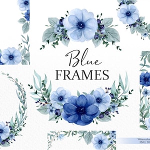 Blauwe aquarel frames bloem clipart, bloemen rand, anemoon bloemkrans png, botanische bruiloft clipart, commercieel gebruik, digitale download