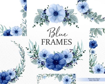 Blue watercolor frames flower clipart, floral border, anemone flower wreath png, botanical wedding clipart, Commercial Use, digital download