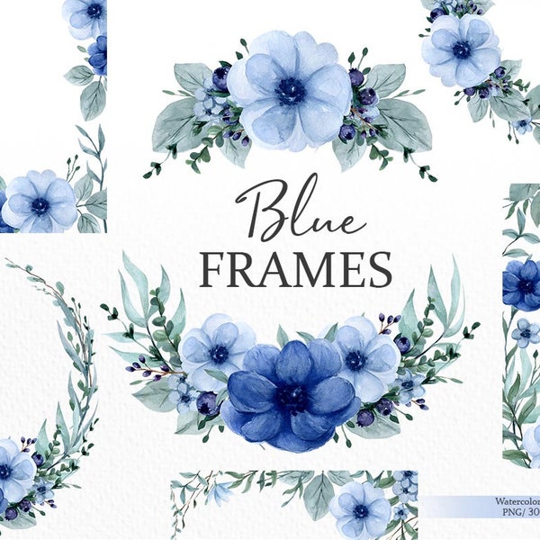 Cadres d’aquarelle bleue clipart de fleur, bordure florale, couronne de fleur d’anémone png, clipart de mariage botanique, Utilisation commerciale, téléchargement numérique