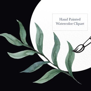 May include: Hand painted watercolor clipart of a green leafy branch with a paintbrush and the text "Hand Painted Watercolor Clipart" on a white background.