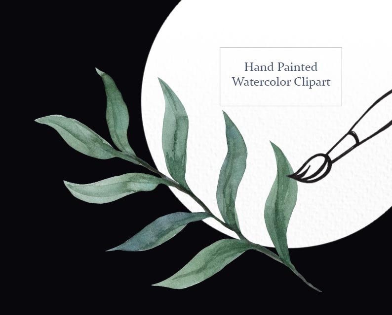 May include: Hand painted watercolor clipart of a green leafy branch with a paintbrush and the text "Hand Painted Watercolor Clipart" on a white background.